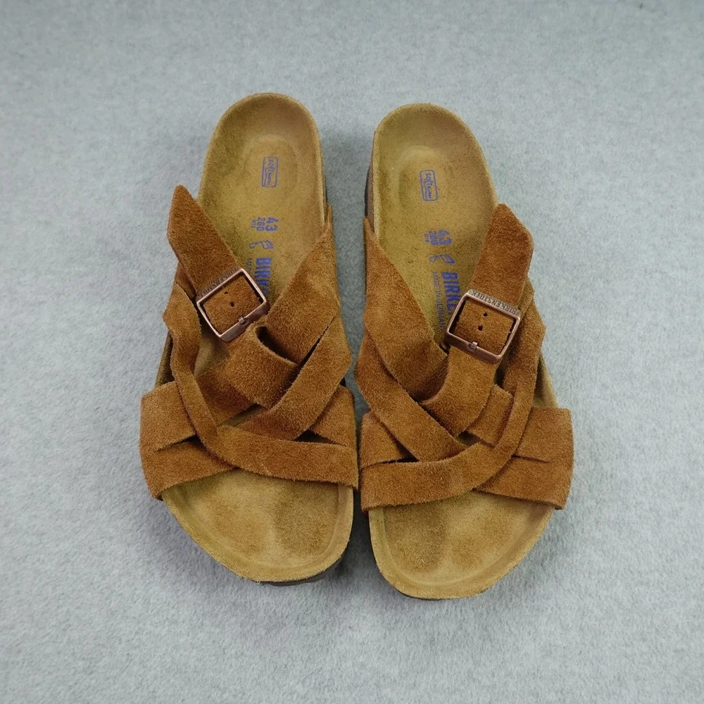 Birkenstock Sandals Men 43 Mink Brown Suede Lugano Soft Footbed Slide